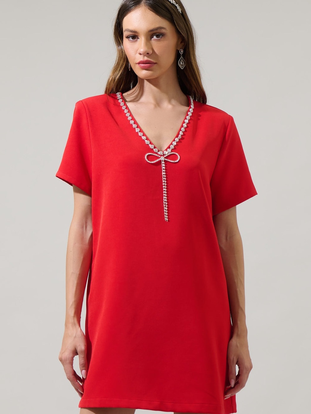 SugarLips Stazie V-Neck Rhinestone Detail Mini Dress Red Size S